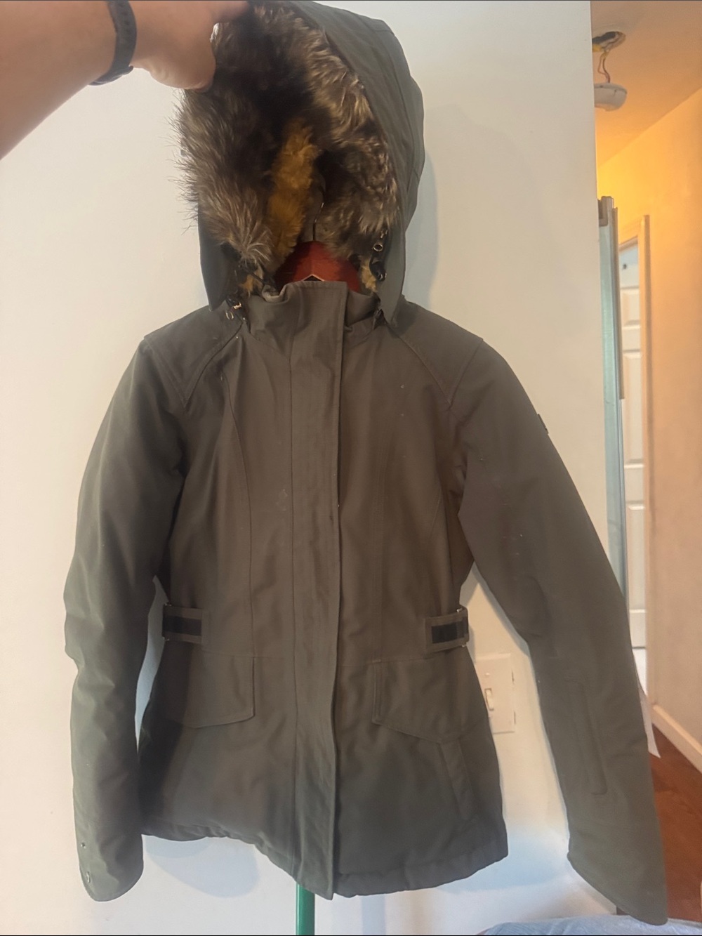 North face Women’s Olive Green Hooded Winter Coat with Faux Fur Trim